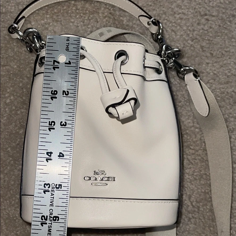Coach Chalk Color Leather Mini Drawstring Bucket Bag with Logo Strap - Picture 8 of 10